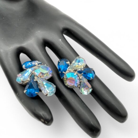 Vintage Blue and AB Rhinestone Clip-On Earrings Large Stones Prong Set Silver - Picture 2 of 10